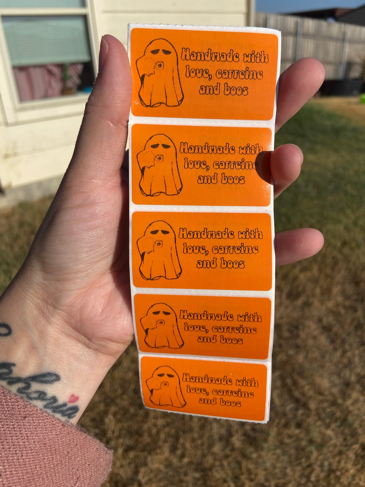 Handmade with Love, Caffeine, and Boos Labels 2.25” x 1.25”
