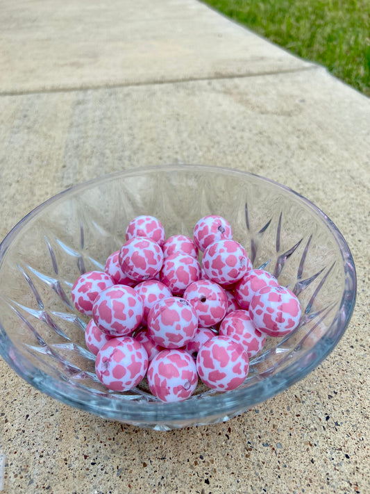 Pink Cow Print Bubblegum Beads (10Pk)