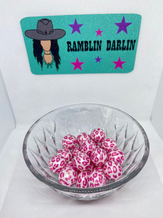 Pink Leopard Print Bubblegum beads (10 per pack)